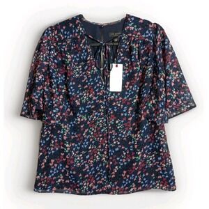 Ted Baker London Neliann Split Sleeve Top w/Neck Tie Navy w/Heart Print NWT US 4